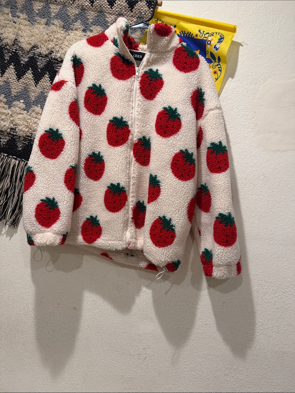 Cider White Teddy Jacket with Red Strawberry Print
